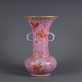 An Exquisite Famille-Rose Flower and Butterfly Pattern Double-Ears Vase