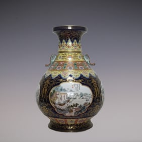 An Exquisite Enamel Ji Blue Glazed Painted Gold Lotus Pattern Landscape and Figure Pattern with poem