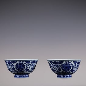 A Pair of Exquisite Blue and White Lotus Pattern Bowl