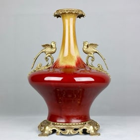 An Exquisite Flambe Glazed Inlaid Bronze Double-Ears Vase
