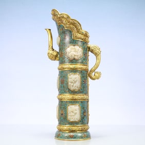 A Exquisite Cloisonne Inlaid White Jade Lotus Pattern Ewer
