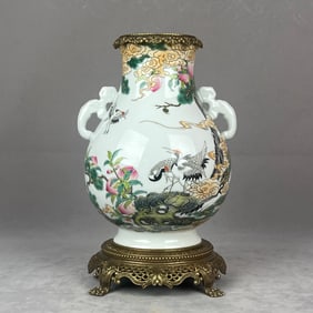 An Exquisite Enamel Inlaid Bronze Pine and Crane Pattern with poem Double-Ears Vase