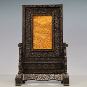 An Exquisite Zitanwood Inlaid Tianhuang Stone Dragon Pattern Screen Ornament