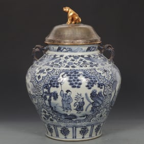 An Exquisite Blue and White Lotus Pattern Character and Story Pattern Phoenix Pattern Double-Ears