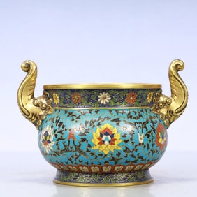 A Exquisite Cloisonne Lotus Pattern Double-Ears Censer