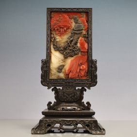 An Exquisite Zitanwood Inlaid Shoushan Stone Landscape Pattern with poem Screen Ornament