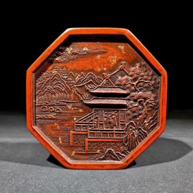 An Exquisite Cinnabar Landscape and Figure Pattern Inkstone