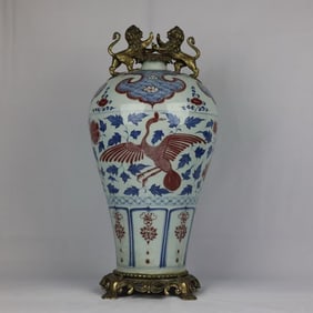An Exquisite Blue and White Inlaid Bronze Lotus Pattern Phoenix Pattern Double-Ears Vase