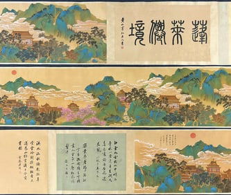 A Chinese Hand Scroll Ink Painting of Landscape on Silk