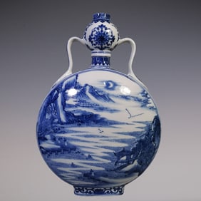 An Exquisite Blue and White Eight Treasures Pattern Landscape and Figure Pattern Double-Ears Vase