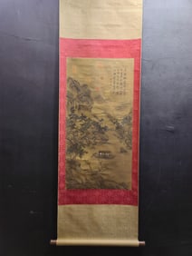 A Chinese Vertical Scroll Ink Painting of Landscape and Figure on Silk