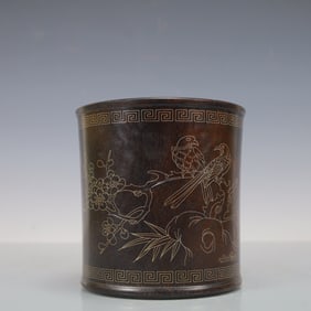 A Exquisite Zitanwood Flower and Bird Pattern with poem Brush Pot