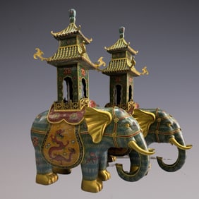 A Pair of Exquisite Cloisonne Dragon Pattern Lotus Pattern Elephant Ornament