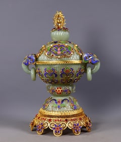 An Exquisite Gilt Bronze Inlaid White Jade Flower Pattern Double-Ears Censer