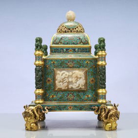 A Exquisite Cloisonne Inlaid White Jade Lotus Pattern Pine and Crane Pattern Box