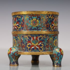 An Exquisite Cloisonne Gilt Bronze Lotus Pattern Flower Pattern Tripod Censer
