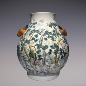 An Exquisite Famille-Rose Pine and Crane Pattern Double-Ears Jar