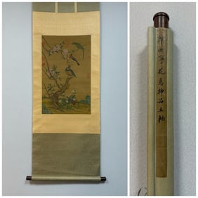 A Chinese Vertical Scroll Ink Painting of Flower and Bird on Silk