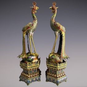 A Pair of Exquisite Cloisonne Lotus Pattern Phoenix Ornament