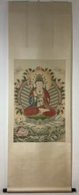 A Chinese Vertical Scroll Ink Painting of Buddha Statue on Silk