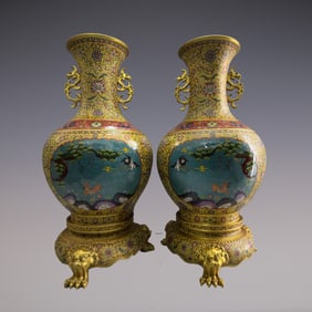A Pair of Exquisite Cloisonne Pine and Crane Pattern Lotus Pattern Dragon Pattern Double-Ears Vase