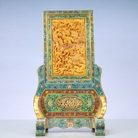 A Exquisite Cloisonne Lotus Pattern Landscape Pattern with poem Screen