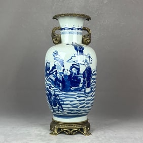 An Exquisite Blue and White Inlaid Bronze Character and Story Pattern Double-Ears Vase