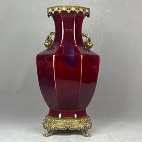 An Exquisite Flambe Glazed Inlaid Bronze Double-Ears Vase