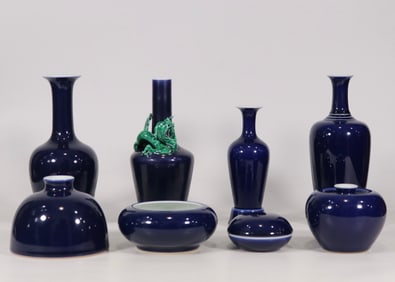 A Set of Fine Ji Blue Glazed Chi-Dragon Pattern Vase Brush Washer