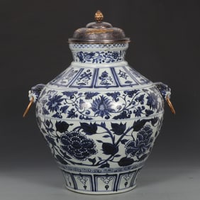 An Exquisite Blue and White Gilt Silver Lotus Pattern Eight Treasures Pattern Double-Ears Jar