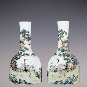 A Pair of Exquisite Famille-Rose Pine and Crane Pattern with poem Vase