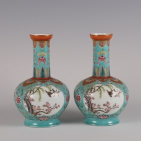 A Pair of Exquisite Enamel Flower and Bird Pattern Vase