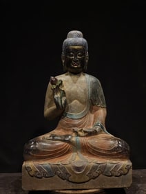 An Exquisite Limestone Painted Color Buddha Statue