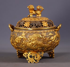 An Exquisite Gilt Bronze Lion Pattern Double-Ears and Tripod Censer