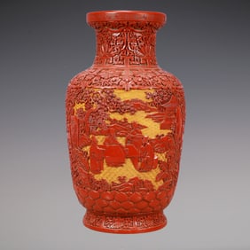 A Exquisite Carved Red Lacquer Lotus Pattern Landscape and Figure Pattern Vase