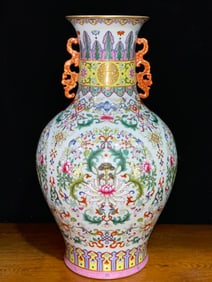 A Pair of Exquisite Famille-Rose Painted Gold Bats and Peach Pattern Lotus Pattern Double-Ears Vase
