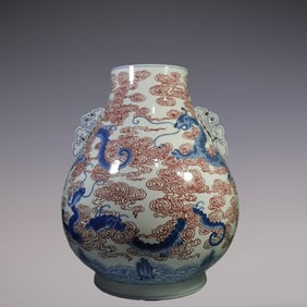 An Exquisite Blue and White Underglaze-Red Dragon Pattern Seawater Pattern Double-Ears Vase
