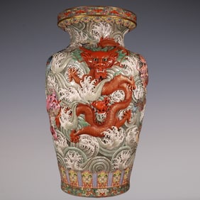 An Exquisite Famille-Rose Painted Gold Dragon Pattern Lotus Pattern Seawater Pattern Vase