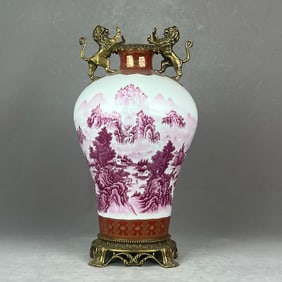 An Exquisite Ruby Red-Glazed Inlaid Bronze Painted Gold Landscape Pattern with poem Double-Ears Vase