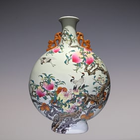 An Exquisite Famille-Rose Flower and Fruit Pattern Crane Pattern Double-Ears Vase