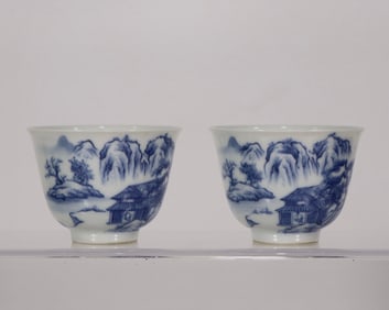 A Pair of Exquisite Blue and White Landscape Pattern Cup
