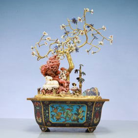 A Exquisite Cloisonne Bats and Peach Pattern Flower and Fruit Pattern Bonsai Ornament