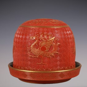 An Exquisite Iron-Red Painted Gold Auspicious Beast Pattern Bats and Peach Pattern Ornament