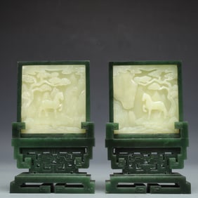 A Exquisite A pair of Jasper Inlaid White Jade Horse Pattern Landscape Pattern with poem Screen
