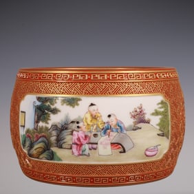 An Exquisite Enamel Iron-Red Painted Gold Bats and Peach Pattern Character and Story Pattern Brush