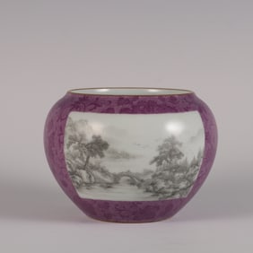 An Exquisite Ink Color Ruby Red-Glazed Landscape Pattern Brush Washer