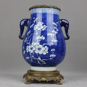 An Exquisite Blue and White Inlaid Bronze Flower Pattern Elephant-Ears Jar