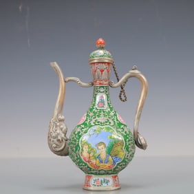 A Exquisite Silver Enamel Lotus Pattern Character and Story Pattern Ewer