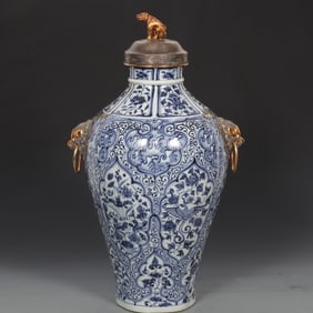 An Exquisite Blue and White Gilt Silver Lotus Pattern Phoenix Pattern Double-Ears Vase