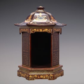 A Exquisite Carved Red Lacquer with poem Pagoda